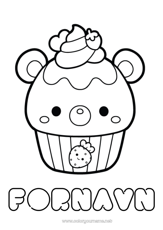 Farvelægningssiden til udskrivning Kawaii Frugter Slik, søde sager Muffin Jordbær