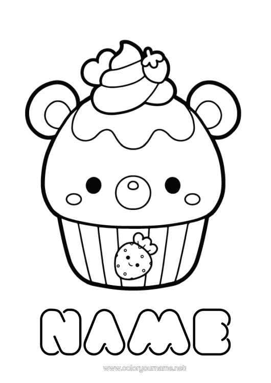 Colouring page to print Cute Fruit Treats, Sweets Fairy Cake Strawberry
