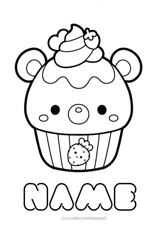 Coloring page to print Kawaii Fruits Treats Cupcake Strawberry