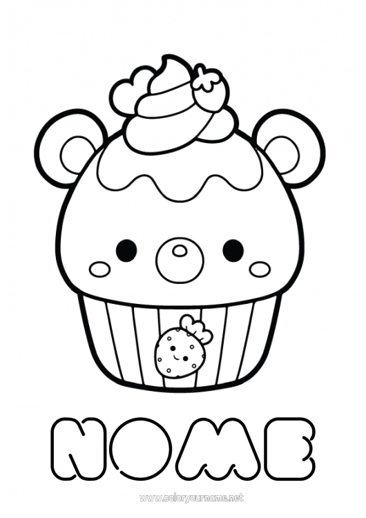 Página de desenho para imprimir Kawaii Frutas Guloseimas, doces Cupcake Morango