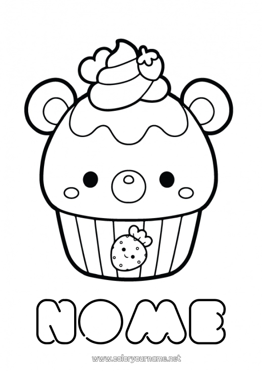 Pagina da colorare da stampare Kawaii Frutta Dolci, zuccherini Cupcake Fragola