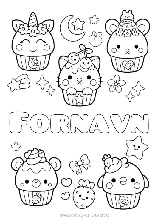 Farvelægningssiden til udskrivning Kawaii Stjerner Slik, søde sager Muffin