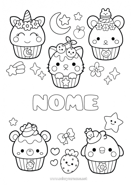 Página de desenho para imprimir Kawaii Estrelas Guloseimas, doces Cupcake