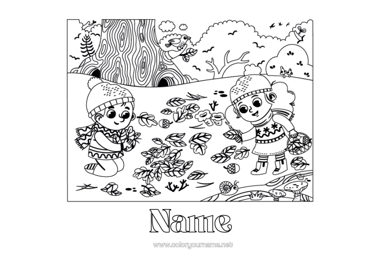 Colouring page to print Autumn Child Leaves Natural Landscape Forest