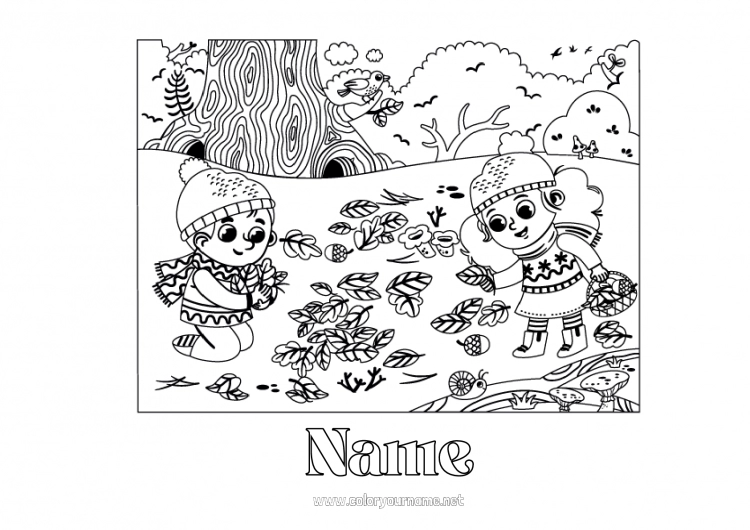 Coloring page to print Autumn Child Leaves Natural landscape Forest