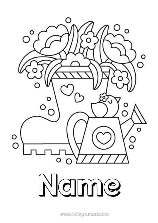 Colouring page to print Flowers Boots Watering Can