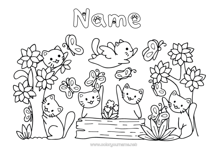 Colouring page to print Flowers Cat Animal Tree Dogs And Cats