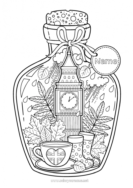 Coloring page to print Autumn Mug Leaves London United Kingdom Drinks Rain Boots Bottle