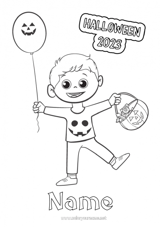 Coloring page to print Trick or treat Halloween Boy 2023 Inscription 