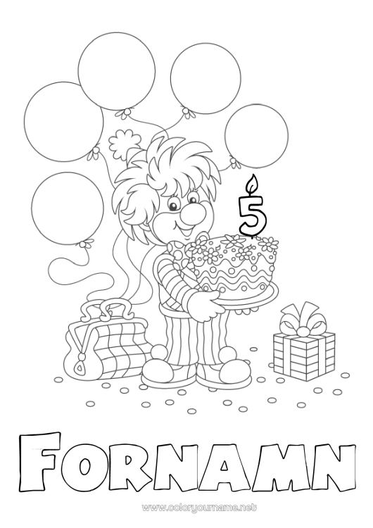 Färgläggningssida att skriva ut Kaka Gåvor Födelsedag Ballonger Clown Mellannivå färgläggningar Anpassningsbar ålder att fira Cirkus