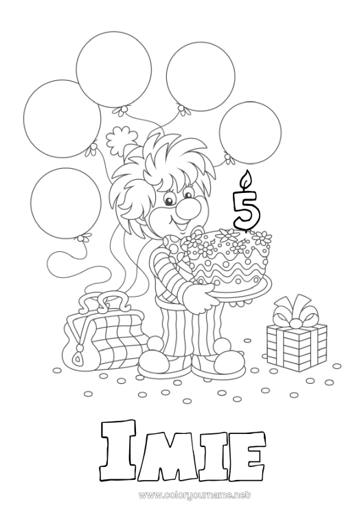 Kolorowanka do wydruku Ciasto Prezenty Urodziny Balony Klown Kolorowanki pośrednie Personalizowany wiek urodzinowy Cyrk