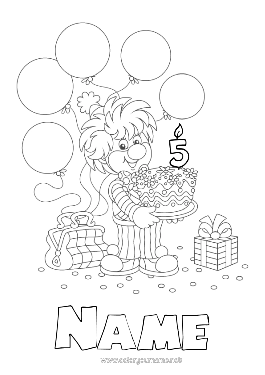 Colouring page to print Cake Gifts Birthday Balloons Clown Intermediate Colouring Sheets Customisable Age Celebrated Circus