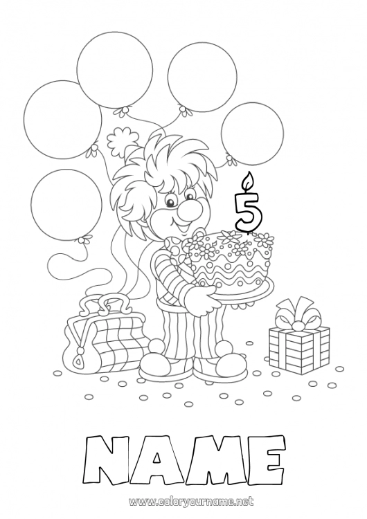 Coloring page to print Cake Gifts Birthday Balloons Clown Intermediate coloring pages Customizable age Circus