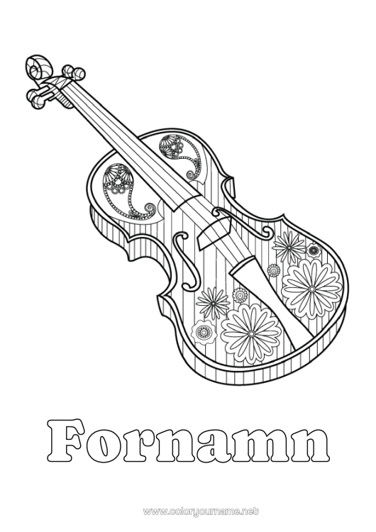 Färgläggningssida att skriva ut Musik Komplexa målarbilder Musikens dag Musikinstrumenter Fiol