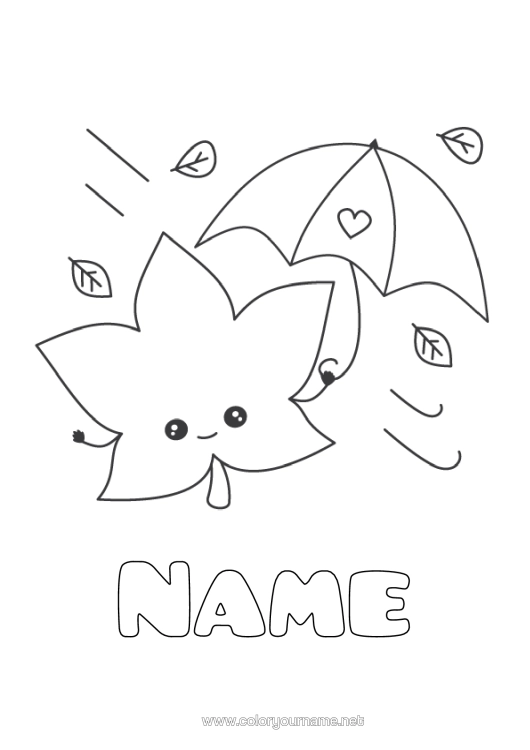 Colouring page to print Cute Autumn Leaves Umbrella Easy Colouring Pages