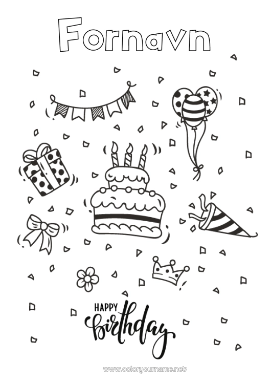 Fargeleggingssiden til utskrift Kake Gaver Bursdag Ballonger Mellomliggende fargelegginger Gratulerer med dagen!