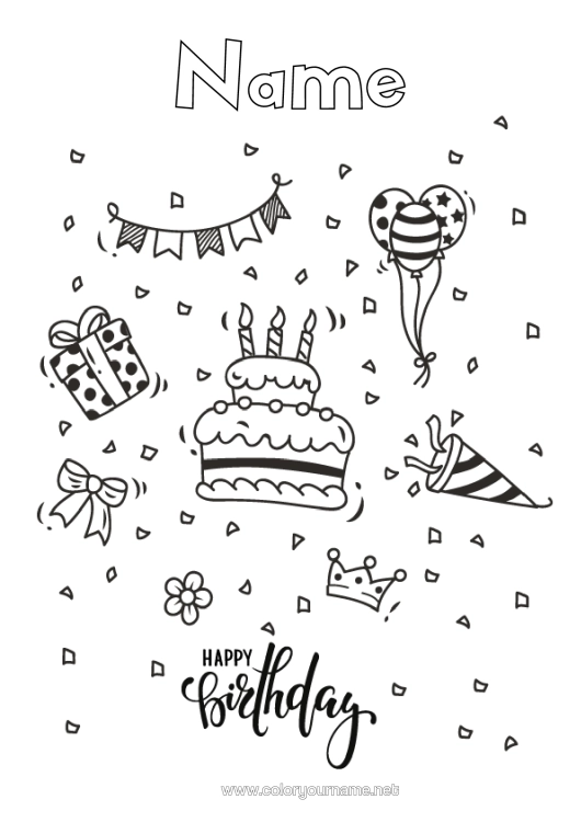 Colouring page to print Cake Gifts Birthday Balloons Intermediate Colouring Sheets Happy Birthday Message