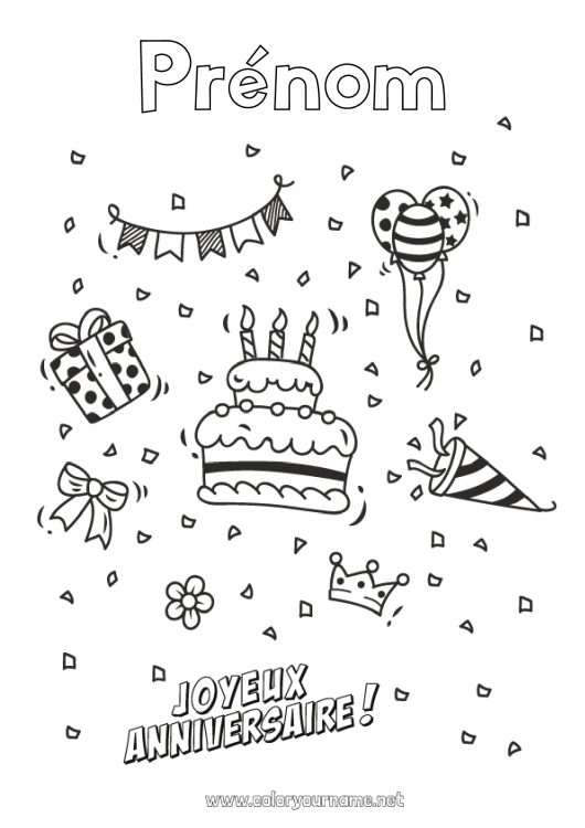 Coloriage à imprimer Gâteau Cadeaux Anniversaire Ballons Coloriages intermédiaires Joyeux anniversaire (français) Message