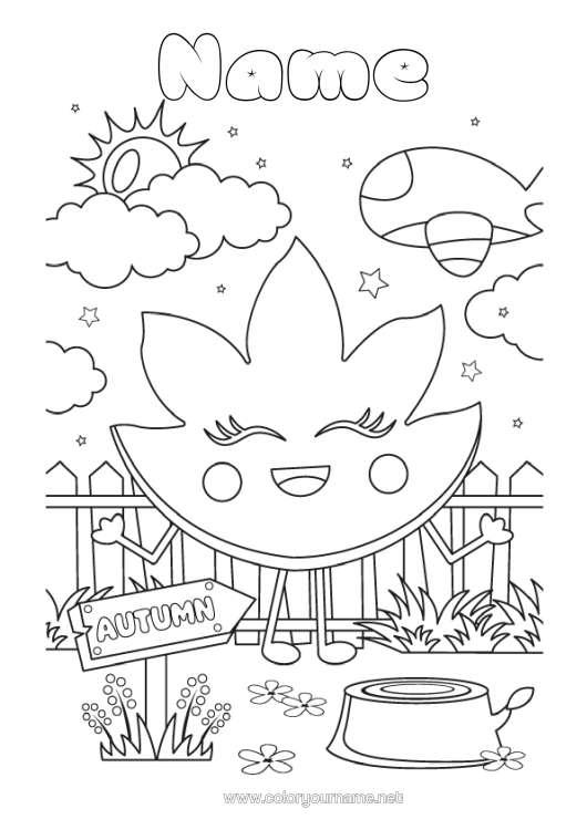 Colouring page to print Autumn Aeroplane Leaves Aerial Vehicles Cartoon Maple