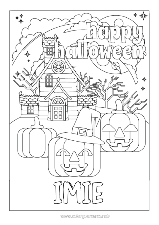 Kolorowanka do wydruku Dynia Halloween Jack O'Lantern Zamczysko nawiedzone Napis 'halloween'