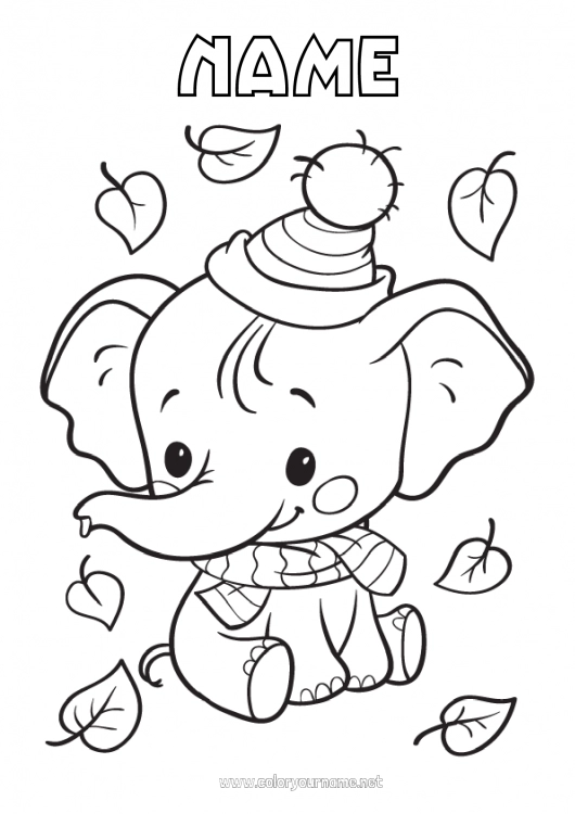 Coloring page to print Elephant Autumn Animal Leaves Wild animals of Africa