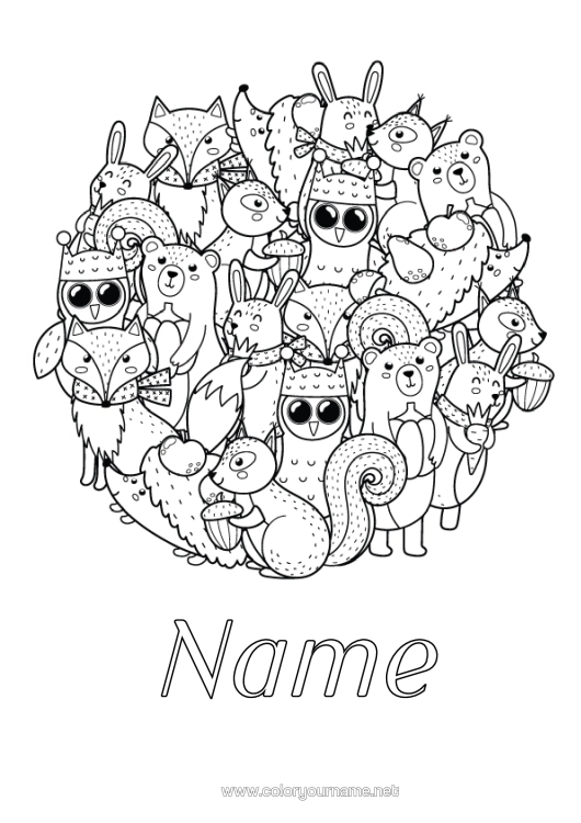 Colouring page to print Bear Hedgehog Mandala Squirrel Fox Owl, Tawny Owl Rabbit Animal Birds And Flying Mammals Forest Animals