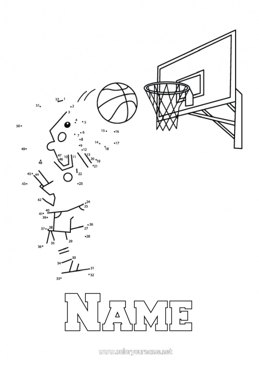 Coloring page to print Number Children's activities Connect the dots Basketball Team sports