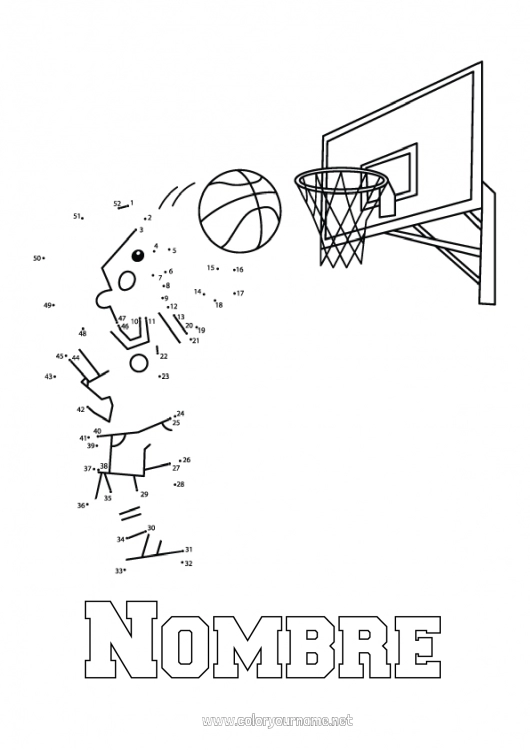 Dibujo para colorear para imprimir Número Actividades para niños Une los puntos Baloncesto Deportes en equipo