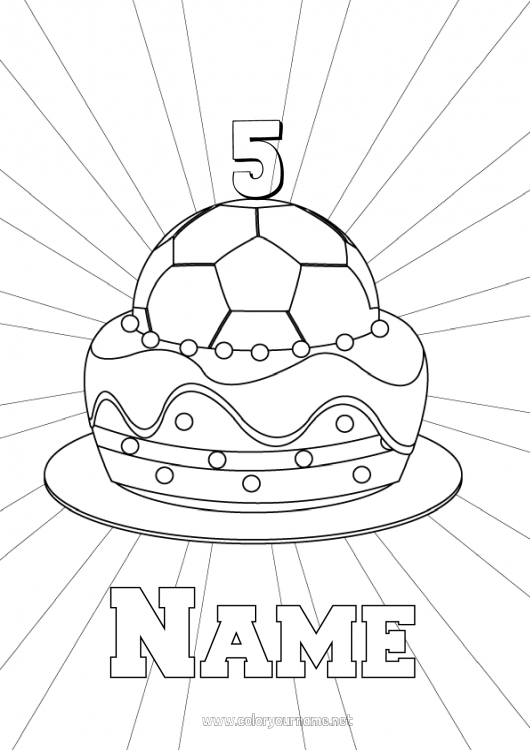 Coloring page to print Cake Football Soccer ball Birthday Balloons Customizable age Team sports