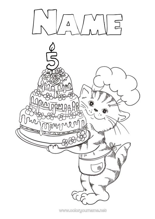 Colouring page to print Candle Cake Cat Birthday Animal Customisable Age Celebrated Dogs And Cats