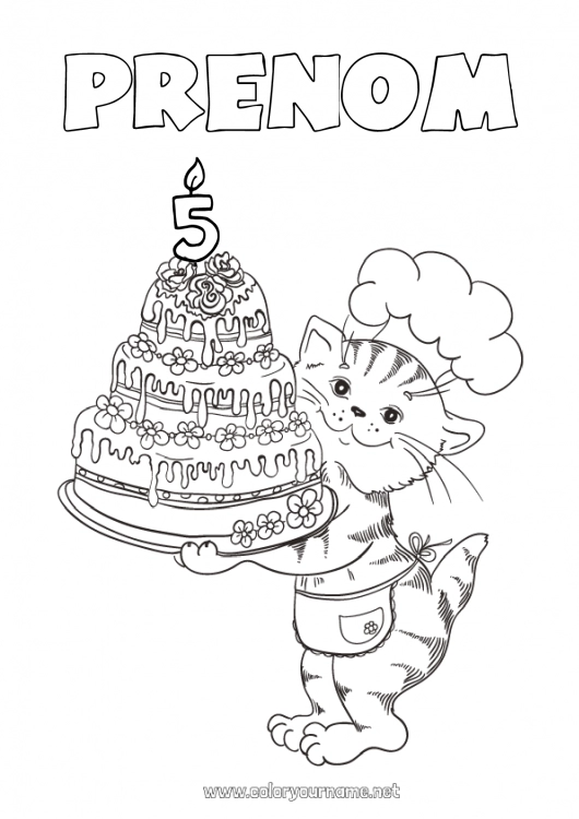 Coloriage à imprimer Bougie Gâteau Chat Anniversaire Animal Age fêté personnalisable Chiens et chats