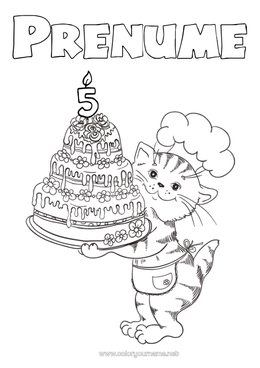 Pagină de colorat de imprimat Lumânare Tort Pisică Aniversare Animal Vârstă personalizabilă de sărbătorit Câini și pisici