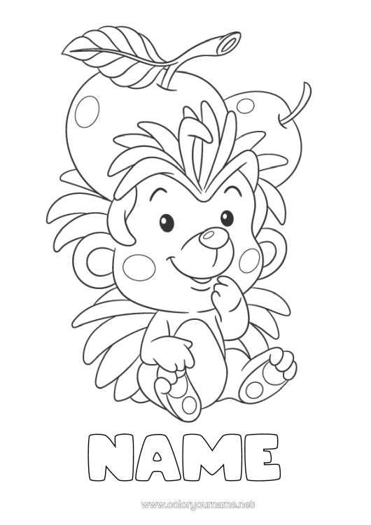 Colouring page to print Cute Hedgehog Autumn Animal Fruit Forest Animals Apple