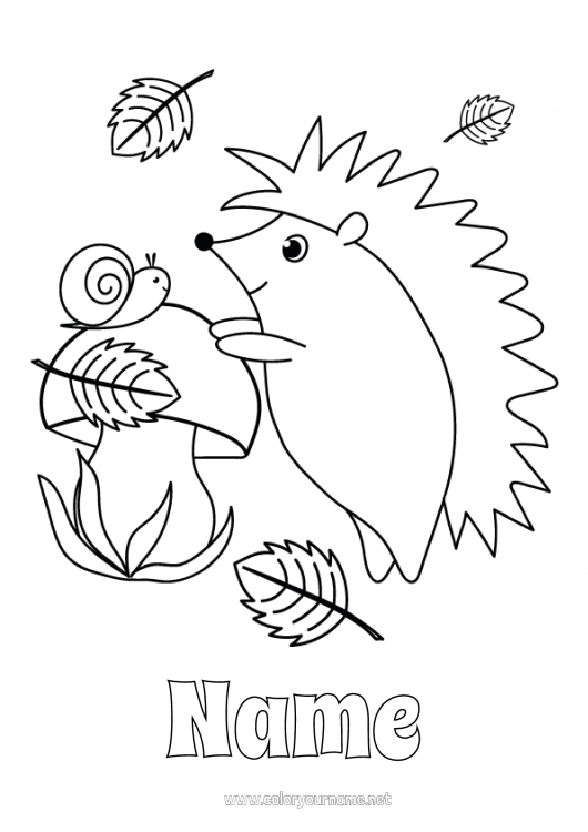 Coloring page to print Hedgehog Autumn Animal Leaves Mushroom Snail Forest animals