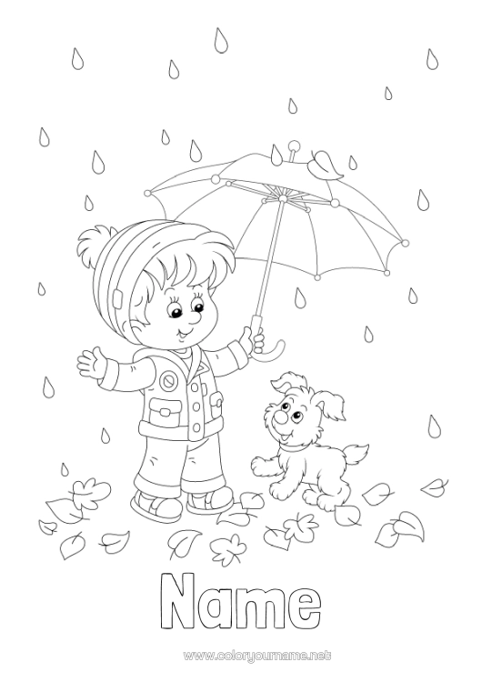 Colouring page to print Dog Boy Autumn Umbrella Rain Dogs And Cats