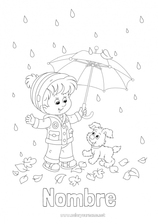 Dibujo para colorear para imprimir Perro Chico Otoño Paraguas Lluvia Perros y gatos