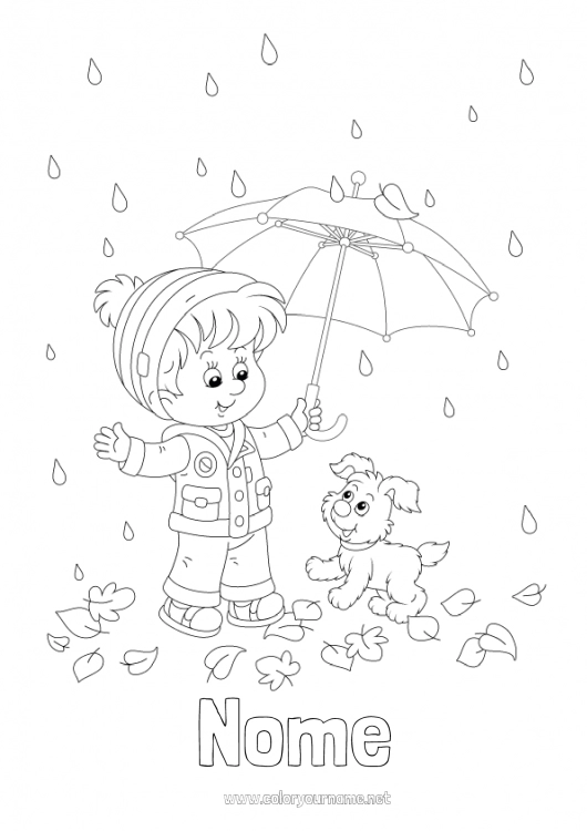 Página de desenho para imprimir Cachorro Menino Outono Guarda-chuva Chuva Cães e gatos