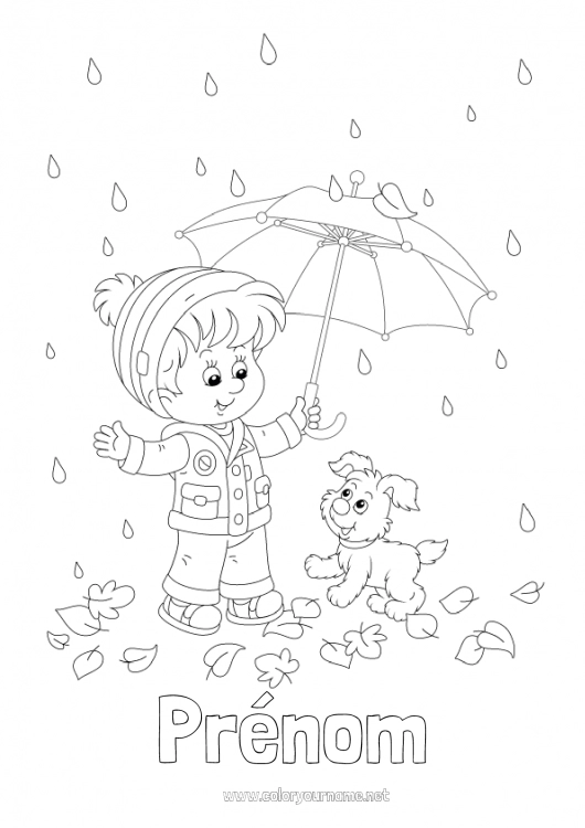 Coloriage à imprimer Chien Garçon Automne Parapluie Pluie Chiens et chats