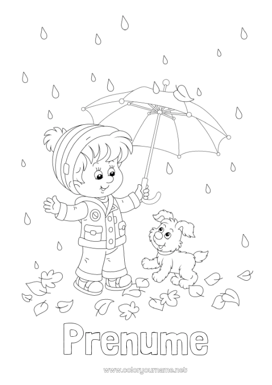 Pagină de colorat de imprimat Câine Băiat Toamnă Umbrelă Plouă Câini și pisici
