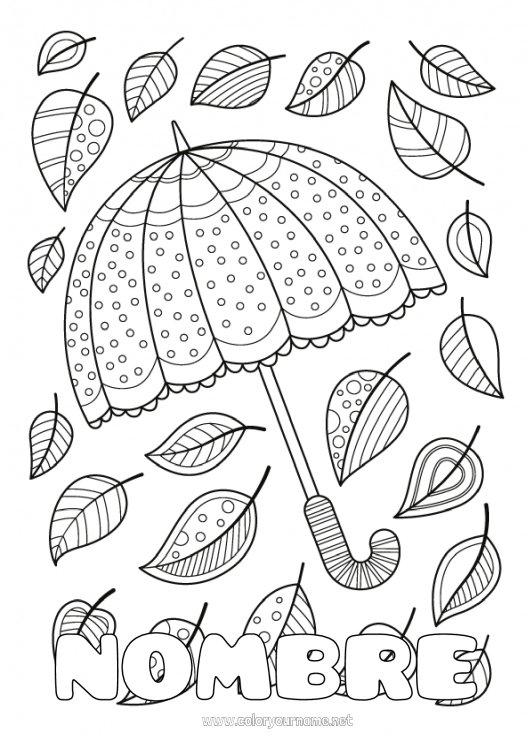 Dibujo para colorear para imprimir Otoño Hojas Paraguas Doodle Zentangle