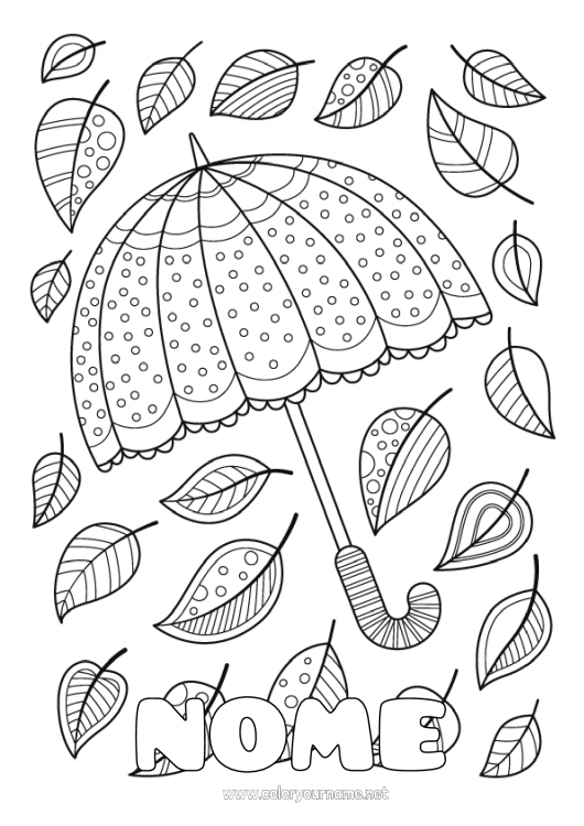 Página de desenho para imprimir Outono Folhas Guarda-chuva Doodle Zentangle