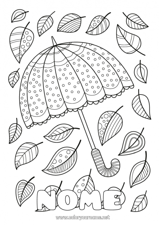 Pagina da colorare da stampare Autunno Foglie Ombrello Scarabocchio Zentangle