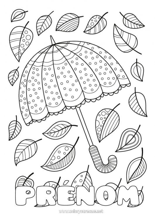 Coloriage à imprimer Automne Feuilles Parapluie Doodle Zentangle