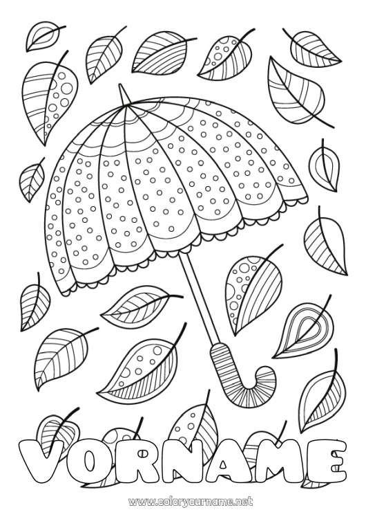 Malvorlage zum Ausdrucken Herbst Blätter Regenschirm Gekritzel Zentangle