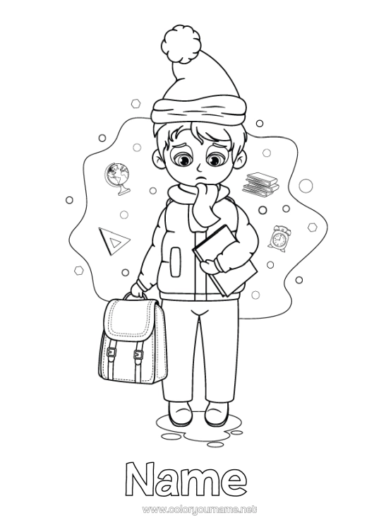 Colouring page to print School Bag Globe Back To School Pupil Stationery Supplies Square