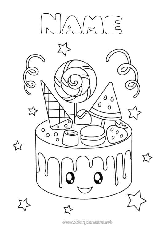 Colouring page to print Sweets Cake Cute Treats, Sweets Pacifier Marshmallows Macaron