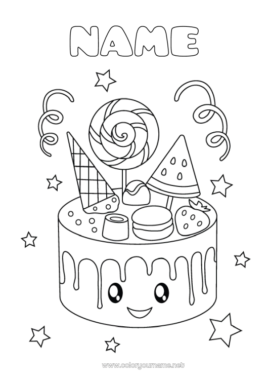 Coloring page to print Sweets Cake Kawaii Treats Lollipop Marshmallows Macaron