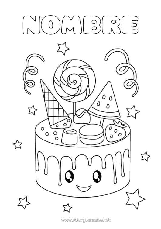 Dibujo para colorear para imprimir Caramelos Tarta Kawaii Golosinas Chupeta Malvaviscos Macarrón