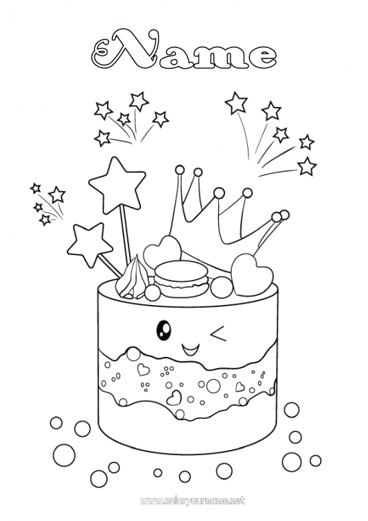 Coloring page to print Cake Kawaii Crown Fairy tale Stars