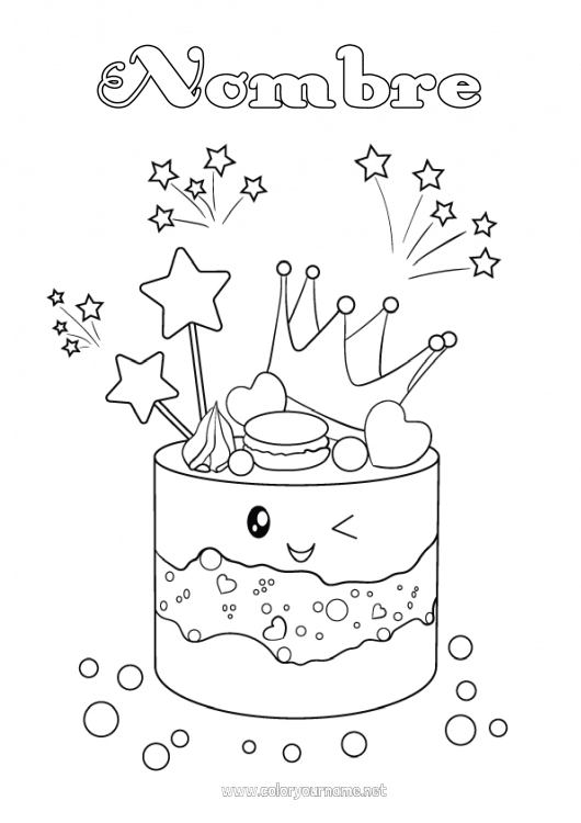 Dibujo para colorear para imprimir Tarta Kawaii Corona Cuento de hadas Estrellas